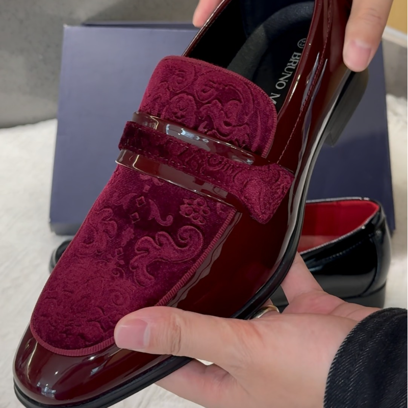 Burgundy & Black Velvet Loafers With Crest/Embossed Pattern