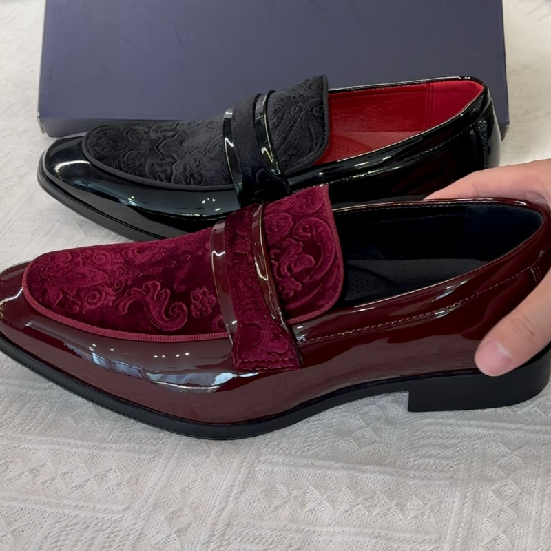 Burgundy & Black Velvet Loafers With Crest/Embossed Pattern