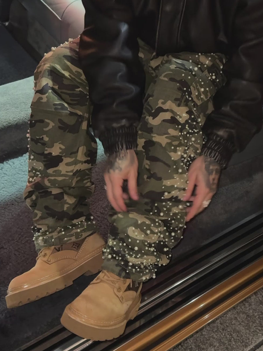 Men's Pearl Decoration Camo Cargo Embellish Pants