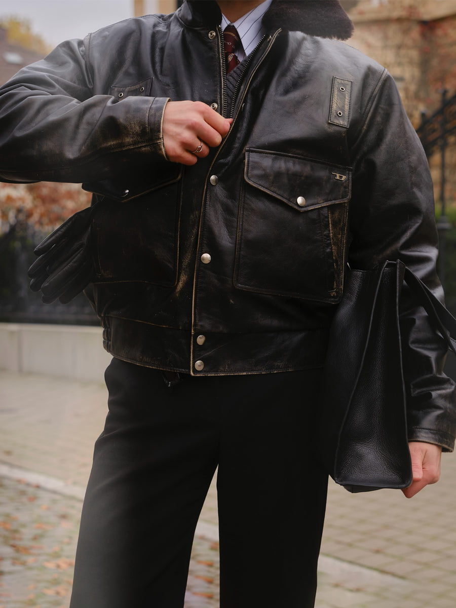 Faux Fur Collar Leather Cropped Jacket