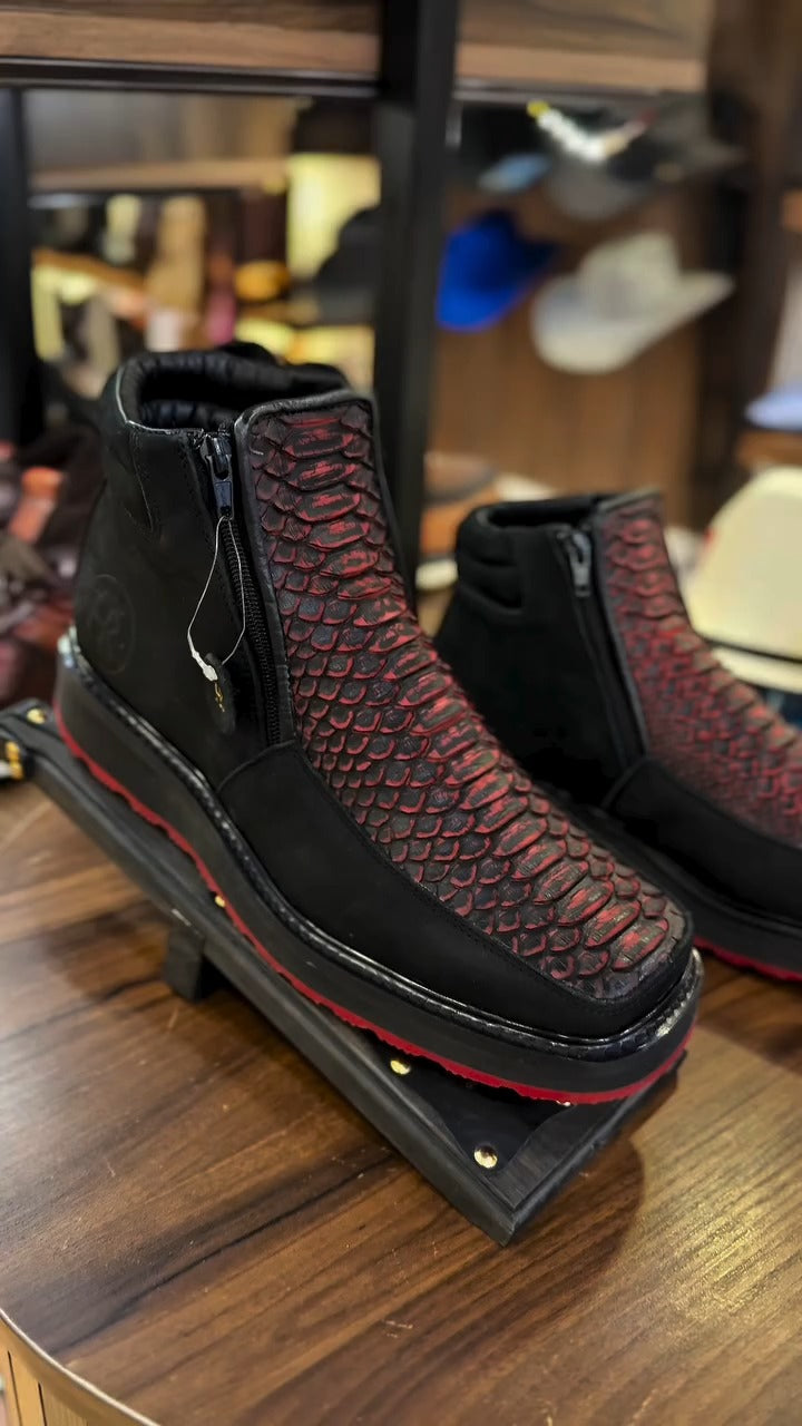 Black And Red Scale-Texture Ankle Boots