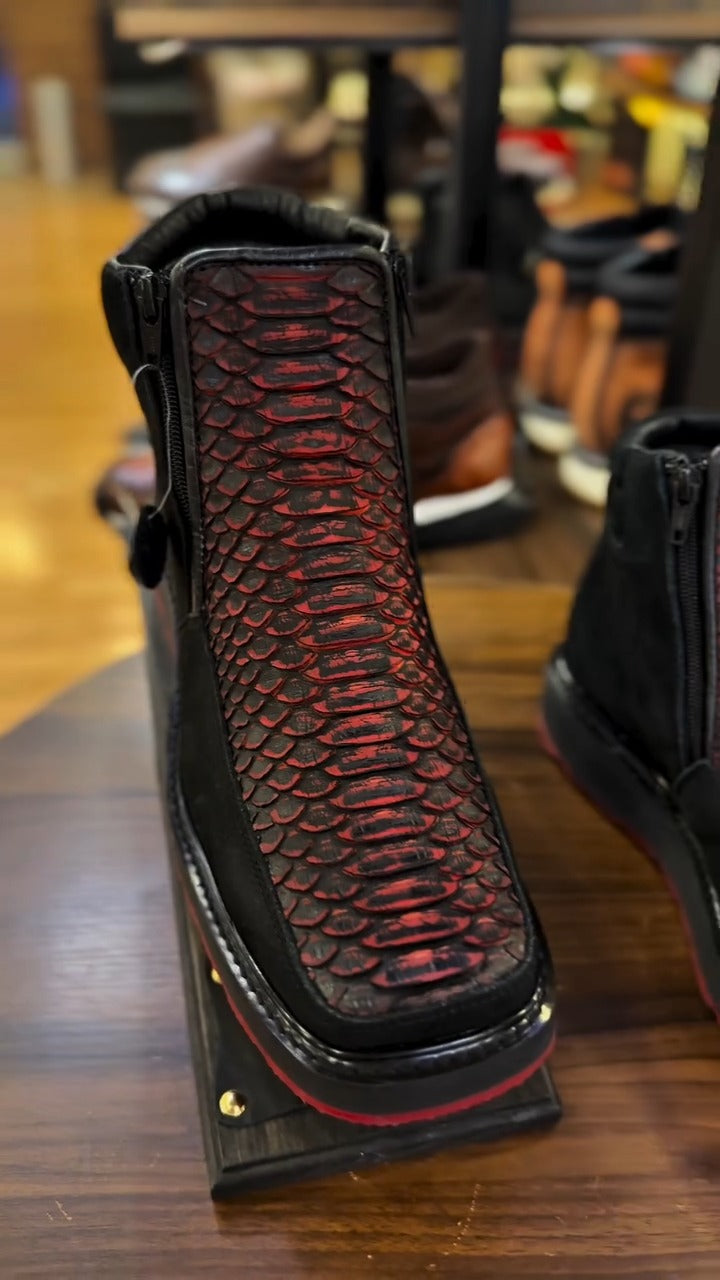 Black And Red Scale-Texture Ankle Boots
