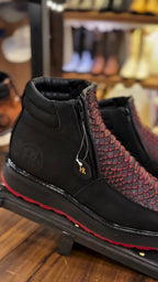 Black And Red Scale-Texture Ankle Boots