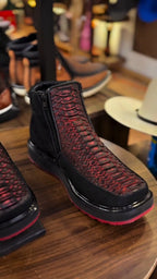 Black And Red Scale-Texture Ankle Boots