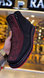 Black And Red Scale-Texture Ankle Boots