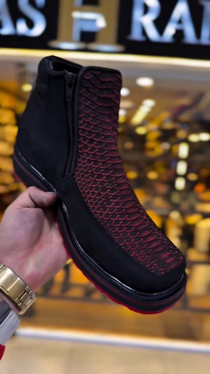 Black And Red Scale-Texture Ankle Boots