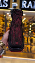 Black And Red Scale-Texture Ankle Boots