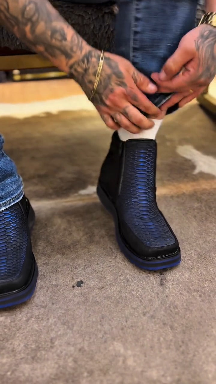Blue-Scale Texture Ankle Boots
