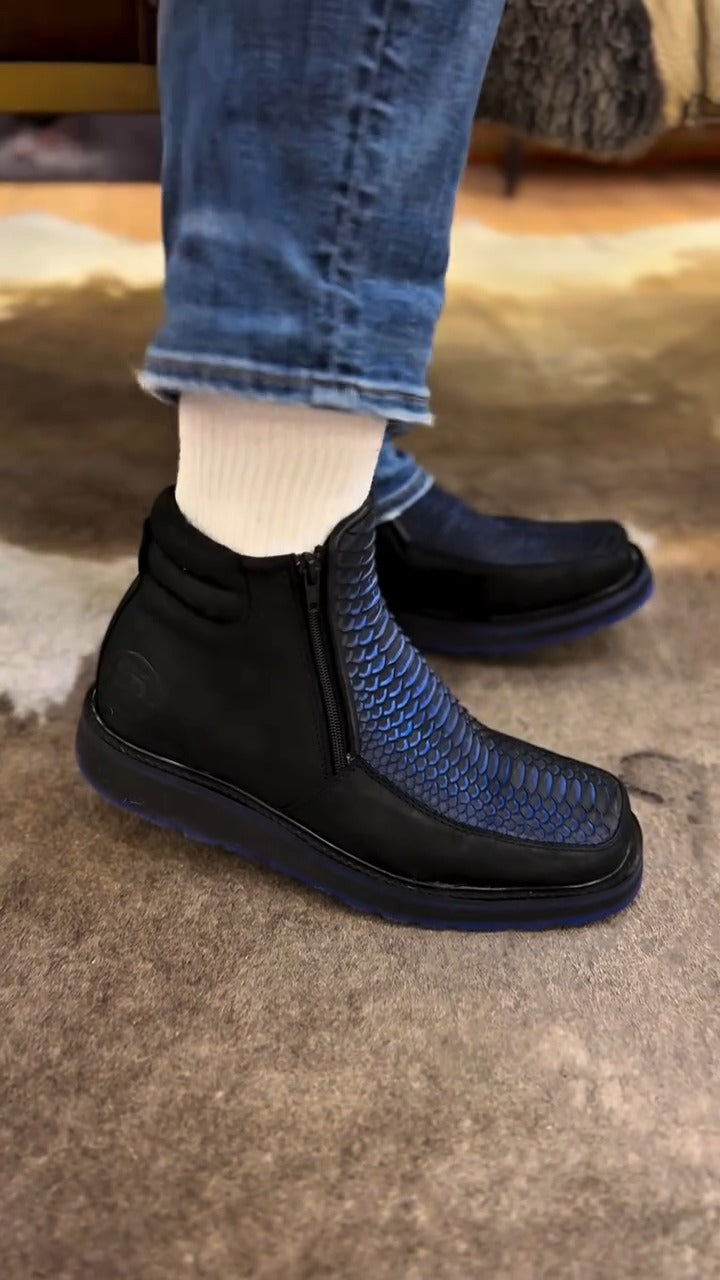 Blue-Scale Texture Ankle Boots