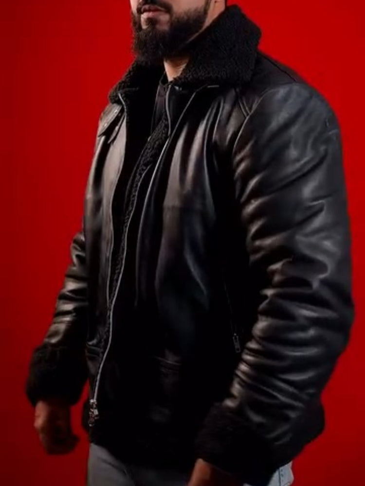 Men’s Black Leather Flight Jacket With Shearling Collar