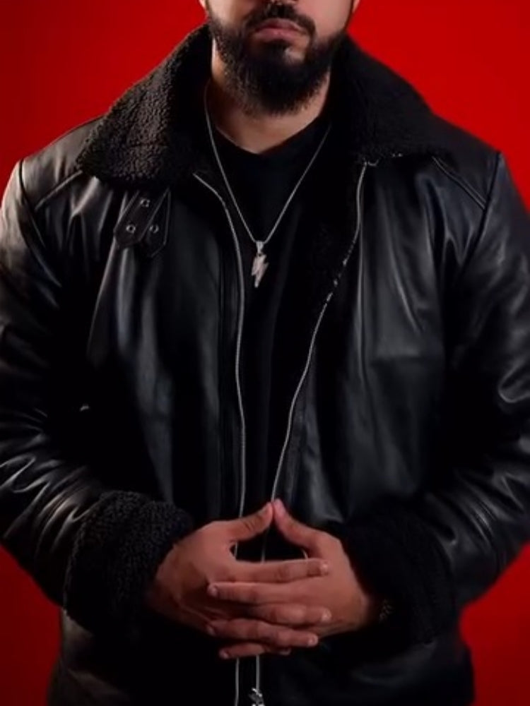 Men’s Black Leather Flight Jacket With Shearling Collar