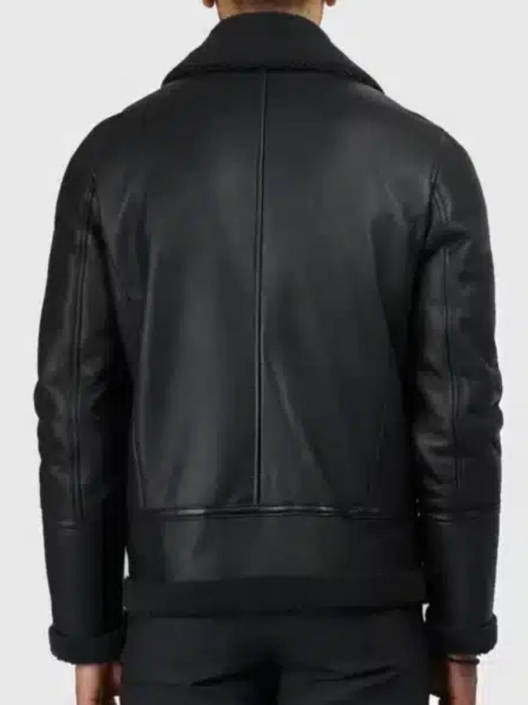 Men’s Black Leather Flight Jacket With Shearling Collar