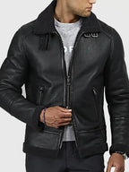 Men’s Black Leather Flight Jacket With Shearling Collar