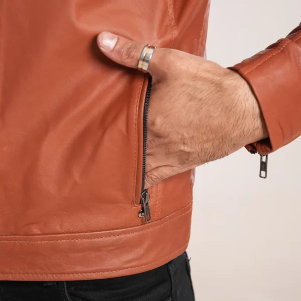 Men’s Tan Leather Bike Jacket With Zippers