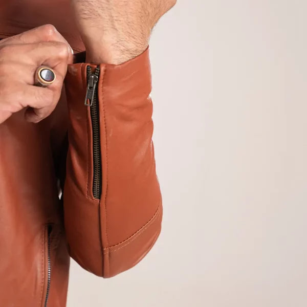 Men’s Tan Leather Bike Jacket With Zippers