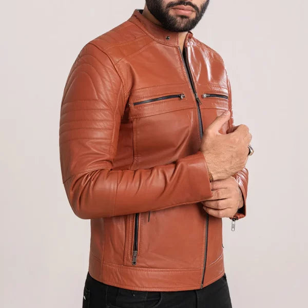 Men’s Tan Leather Bike Jacket With Zippers