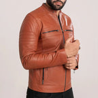 Men’s Tan Leather Bike Jacket With Zippers
