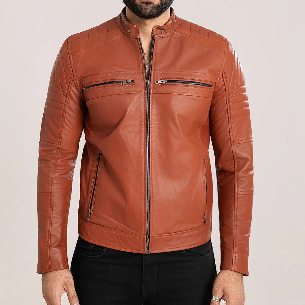 Men’s Tan Leather Bike Jacket With Zippers