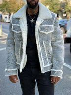 Grey & White Sherpa-Trim Denim-Look Jacket