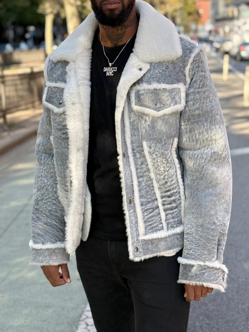 Grey & White Sherpa-Trim Denim-Look Jacket