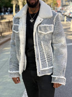 Grey & White Sherpa-Trim Denim-Look Jacket