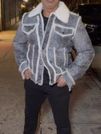 Grey & White Sherpa-Trim Denim-Look Jacket
