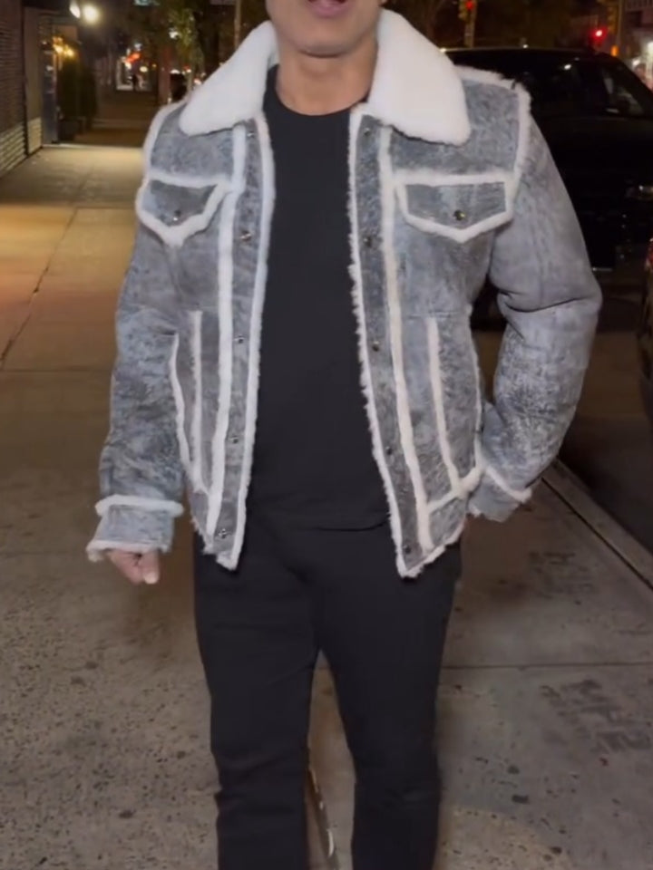 Grey & White Sherpa-Trim Denim-Look Jacket