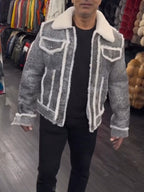 Grey & White Sherpa-Trim Denim-Look Jacket