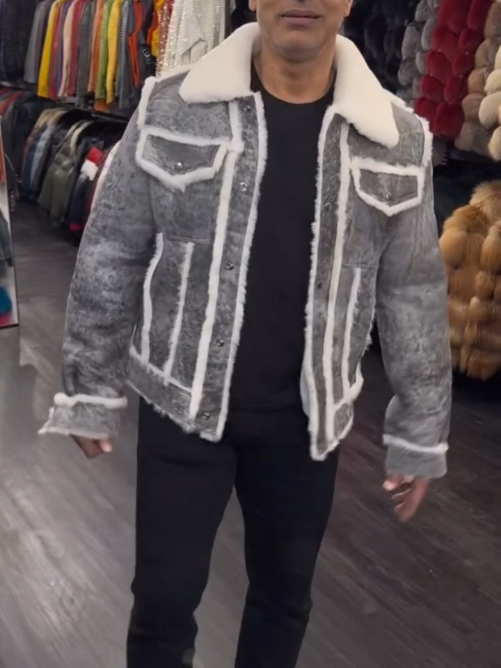 Grey & White Sherpa-Trim Denim-Look Jacket