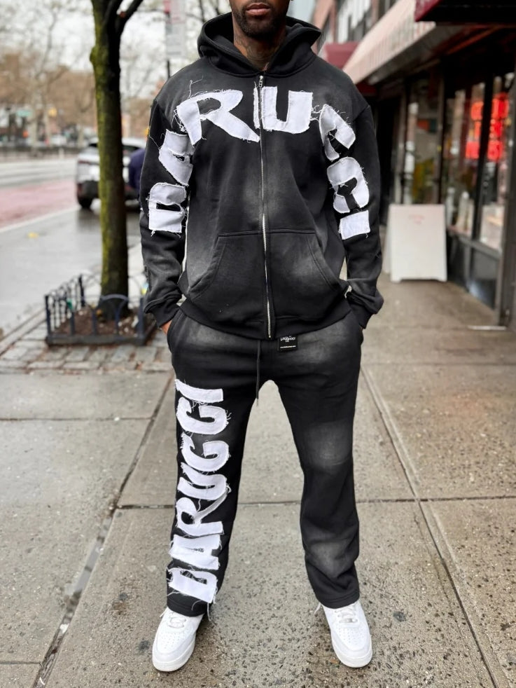 Black Tracksuit With Large White Lettering