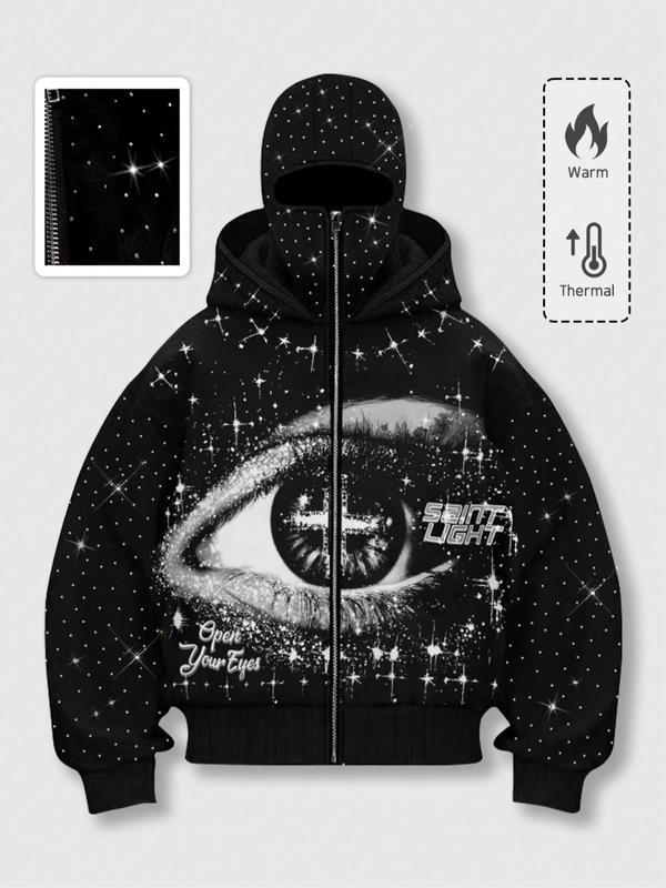 Black Starry Eye Print Zip Hoodie