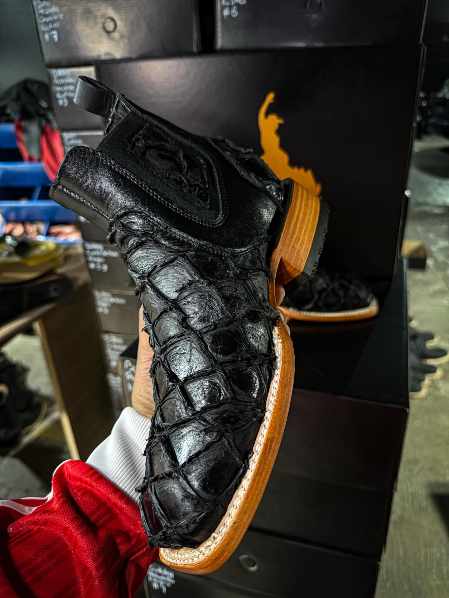 Black Exotic Leather Cowboy Ankle Boot With Wood Sole Edge