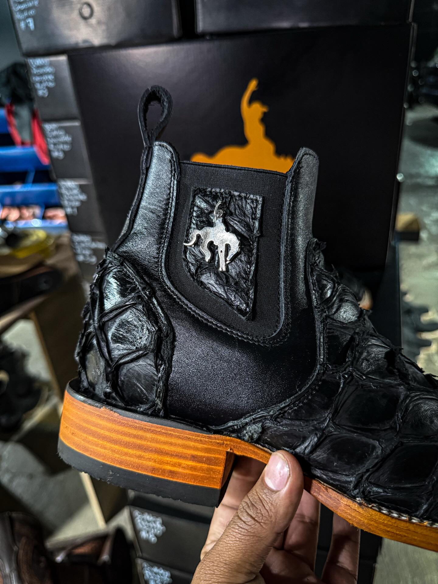 Black Exotic Leather Cowboy Ankle Boot With Wood Sole Edge