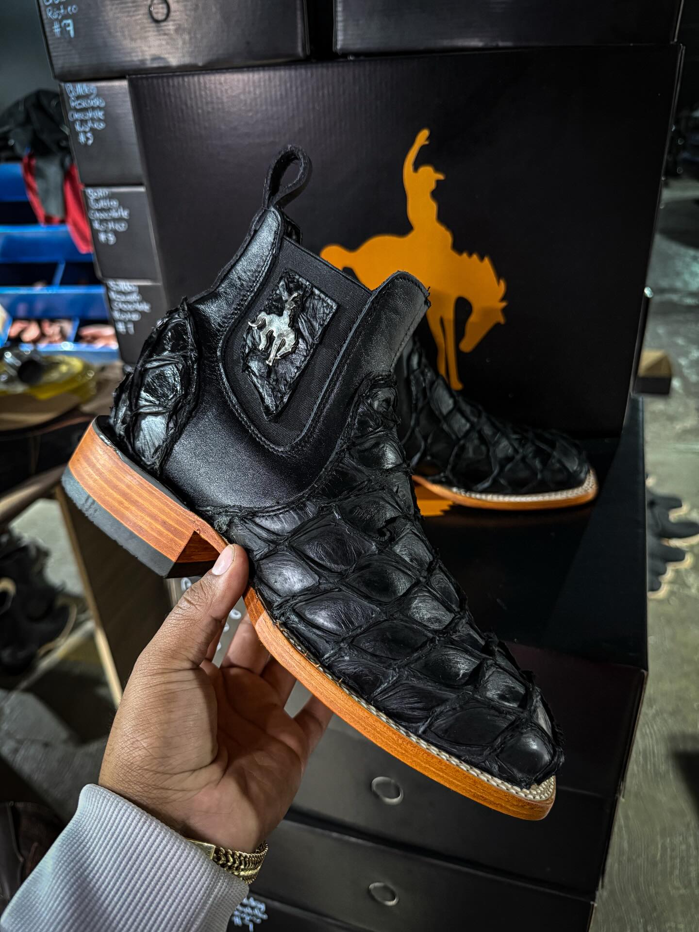 Black Exotic Leather Cowboy Ankle Boot With Wood Sole Edge