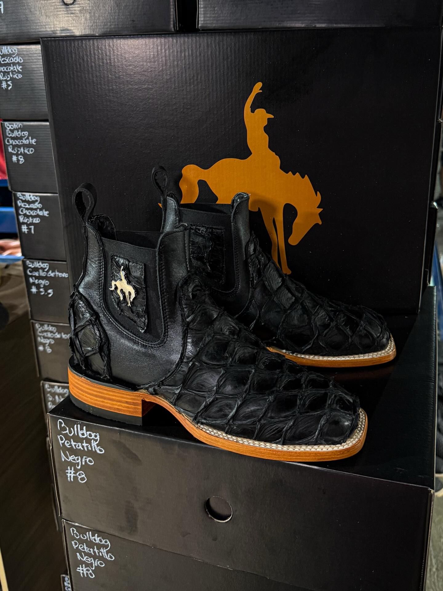 Black Exotic Leather Cowboy Ankle Boot With Wood Sole Edge