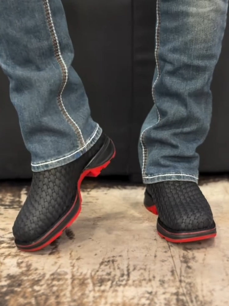 Black Woven Texture Ankle Boot With Red Sole