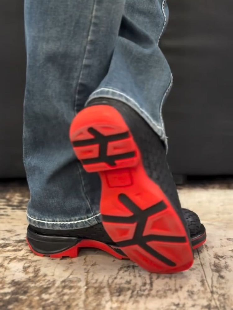 Black Woven Texture Ankle Boot With Red Sole