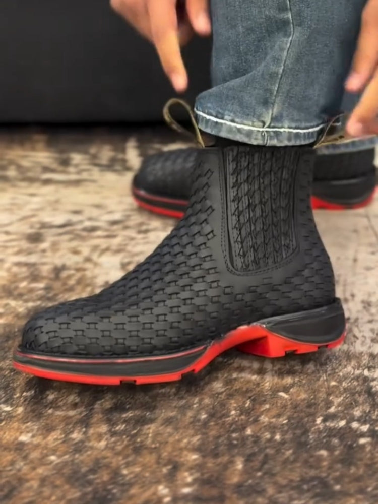 Black Woven Texture Ankle Boot With Red Sole