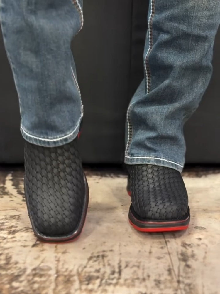 Black Woven Texture Ankle Boot With Red Sole