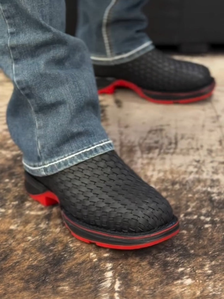 Black Woven Texture Ankle Boot With Red Sole