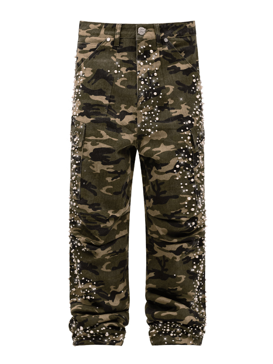 Men's Pearl Decoration Camo Cargo Embellish Pants