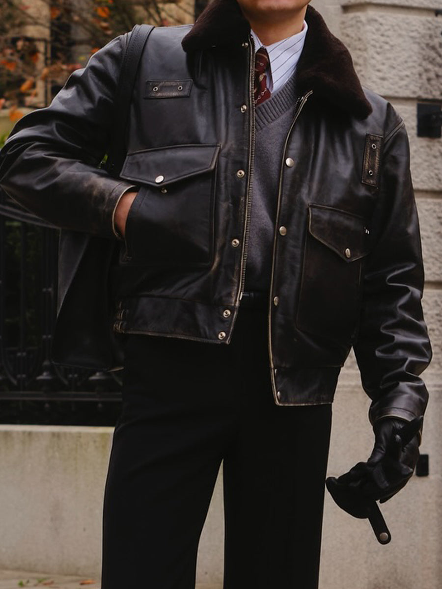 Faux Fur Collar Leather Cropped Jacket