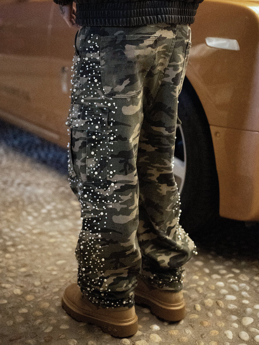 Men's Pearl Decoration Camo Cargo Embellish Pants