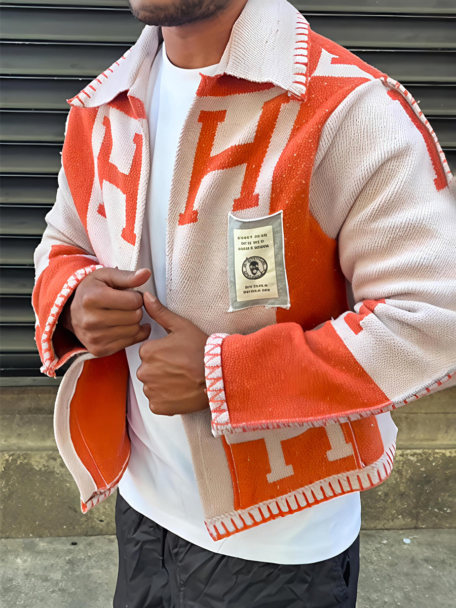 Men's Knitted Letter Print Cardigan