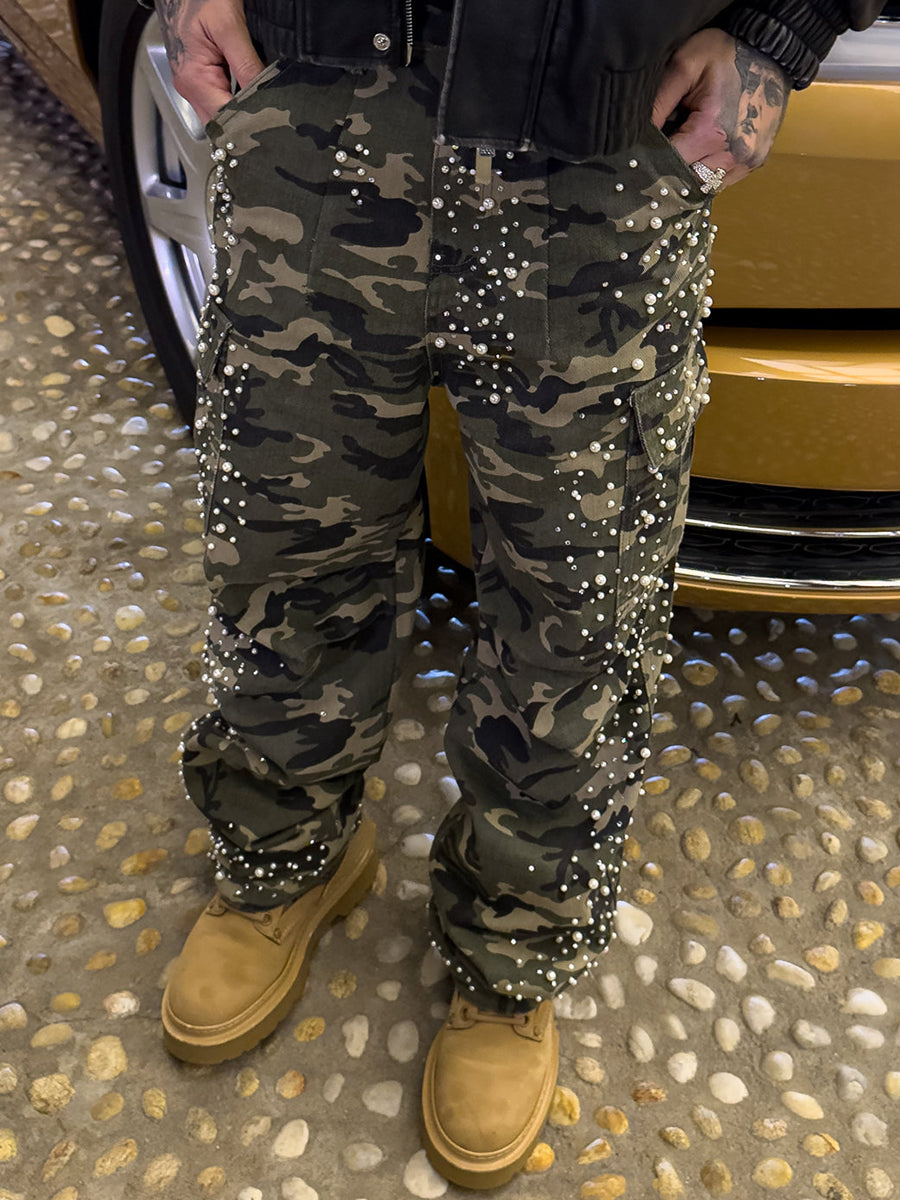 Men's Pearl Decoration Camo Cargo Embellish Pants