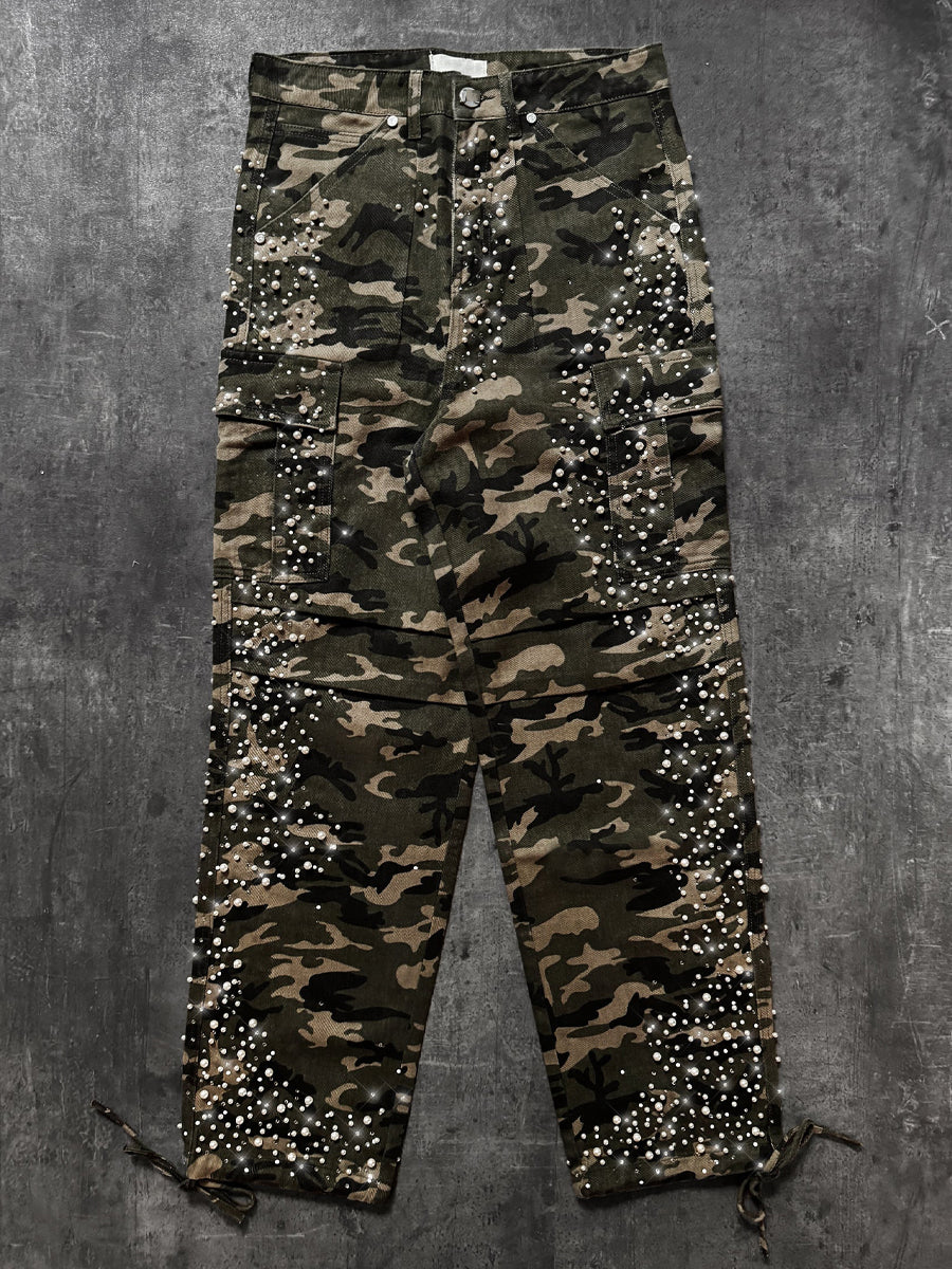 Men's Pearl Decoration Camo Cargo Embellish Pants
