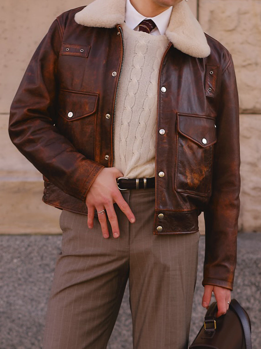 Faux Fur Collar Leather Cropped Jacket